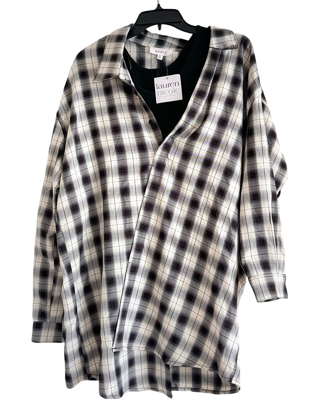 NWT Mable Black & White Plaid Oversized Button-Down Dress with Attached Tank Top - Picture 4 of 10
